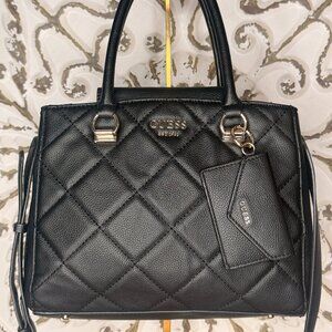 Guess Fantine Quilted Satchel Black Triple Compartment Girlfriend Bag Crossbody